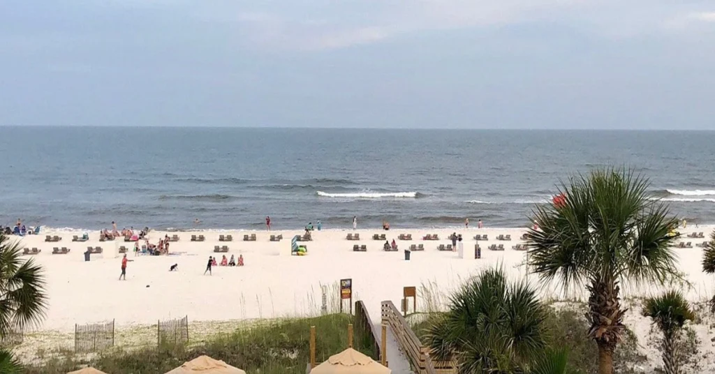 Vibrant beach scene with visitors enjoying the white sands and palm trees at Orange Beach, Alabama.