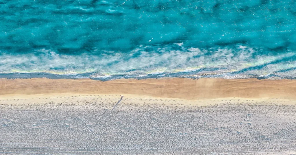 A panoramic view of Mullaloo Beach with clear blue waters, soft sandy shores, and families enjoying their day under the sun.