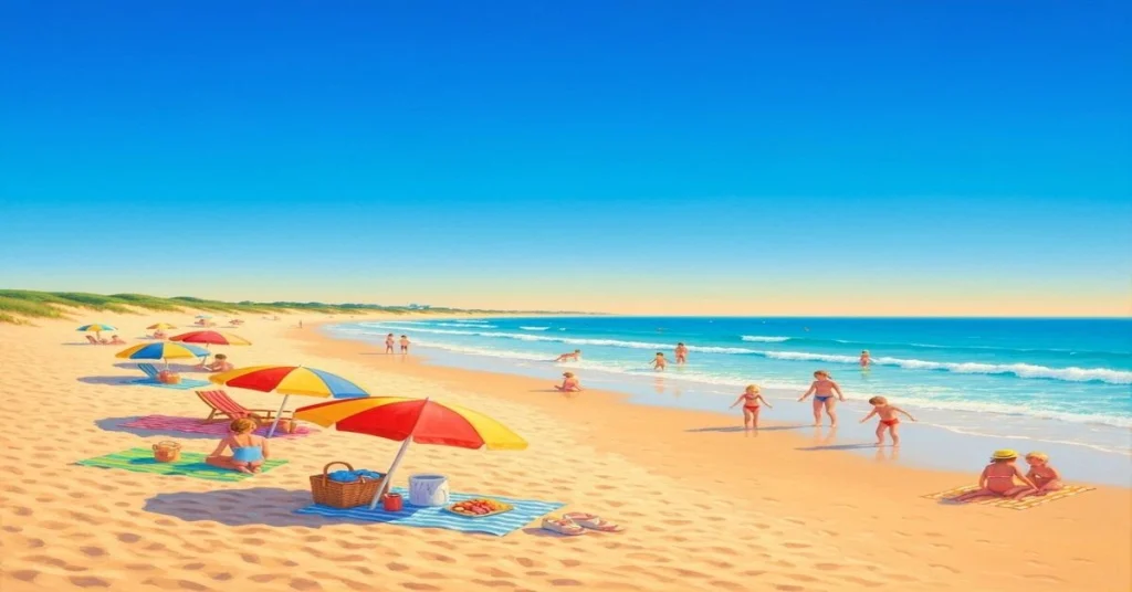 Families and children playing in the sand under colorful umbrellas on a sunny day at Bethany Beach