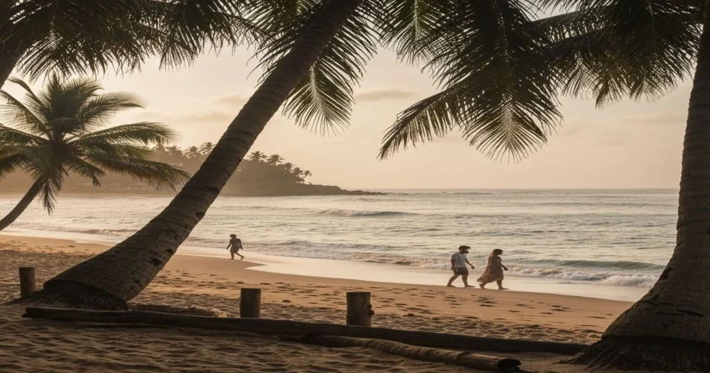 Peaceful morning view of Bethany Beach with palm trees, a quiet boardwalk, and gentle shoreline waves under soft golden light